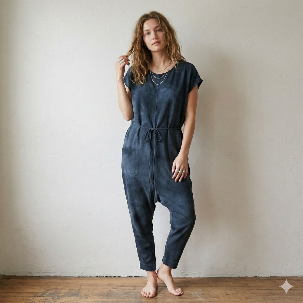 Raquel Allegra‎ Vintage Black Short Sleeve Romper Womens 1 Small Blue Tie Dye